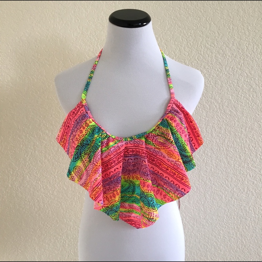Multicolor Ruffle Bikini Halter Swim Top